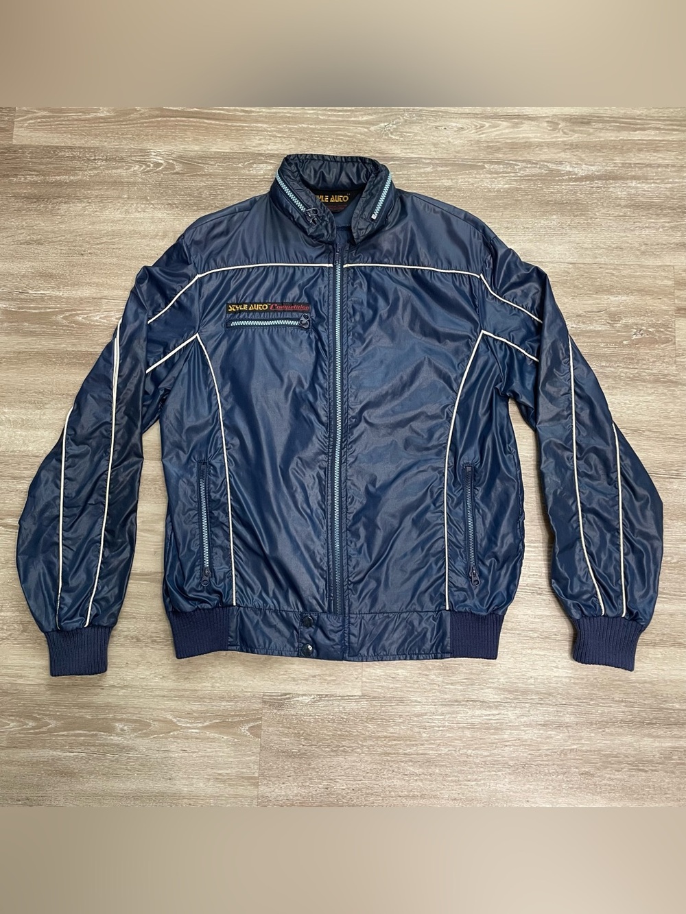 Vintage Style Auto Competition Racing Jacket Blue 1980's Full Zip Stripes Sz M